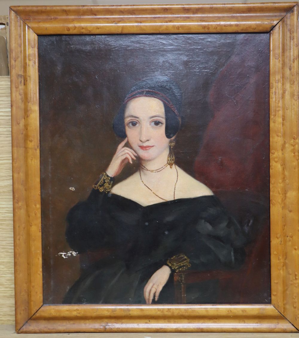 Victorian School, oil on canvas, Portrait of a lady, 34 x 29cm, maple framed